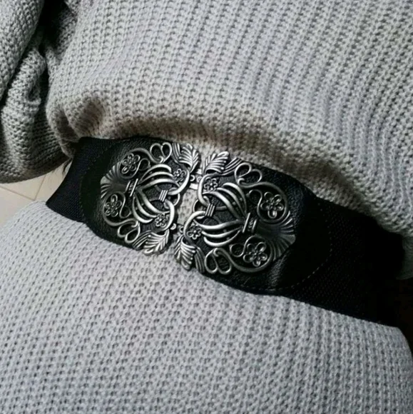 Black floral buckle corset boho elastic wide waist goth party dress belt - Picture 7 of 16